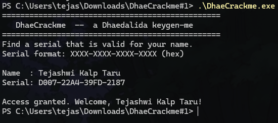 The original protected binary accepting a keygen-generated serial and printing Access granted