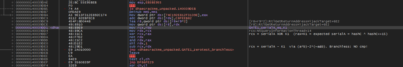 x64dbg showing gate one, a branchless subtraction of K1 from serialA using a bitwise identity