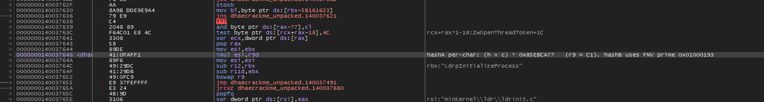 x64dbg showing the per-character multiply in the first name hash
