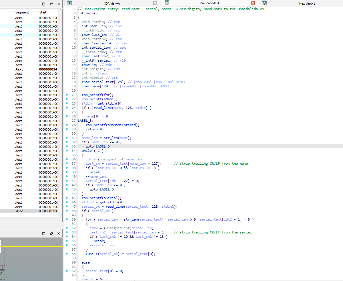 IDA Pro Hex-Rays pseudocode of main after renaming and typing, showing the name and serial prompts and the hex digit parser