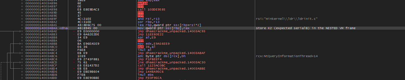 x64dbg showing the second expected value being stored into the nested VM frame