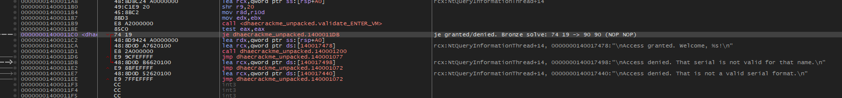 x64dbg showing call validate, test eax eax, je, and the access granted and access denied strings
