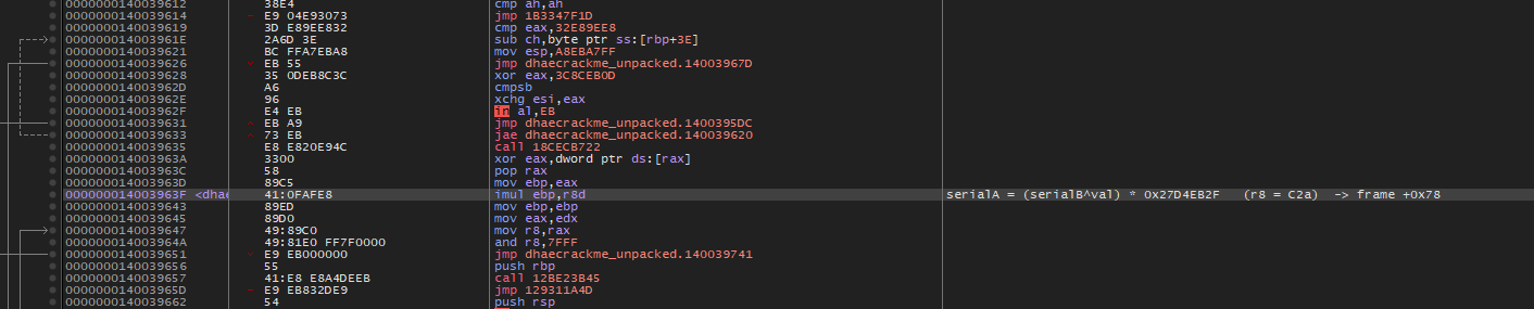 x64dbg showing the third step of the serial transform, the multiply producing serialA into frame offset 0x78
