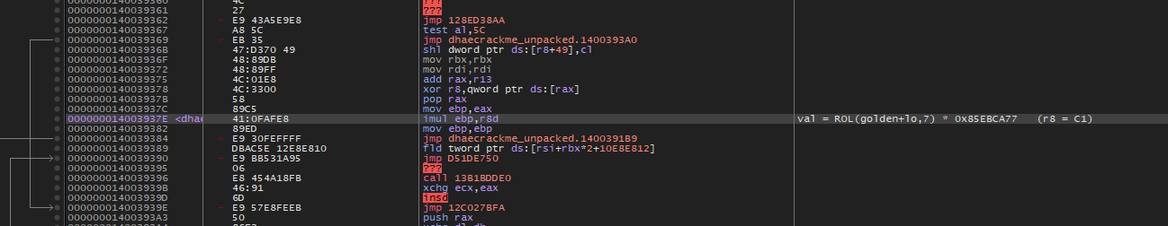 x64dbg showing the first step of the serial transform, a rotate and multiply by 0x85EBCA77