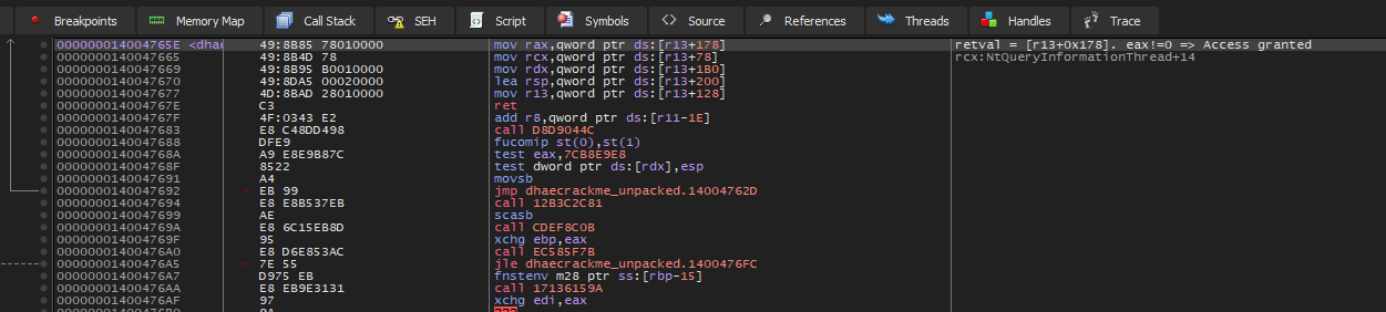 x64dbg showing the VM exit instruction, mov rax from r13 plus 0x178, which is the return value